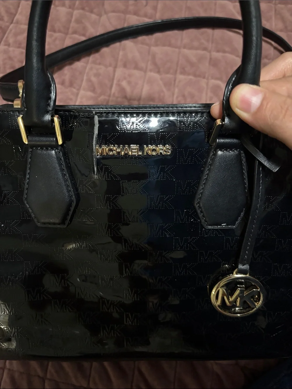 Michael Kors Black Patent Satchel with Gold MK Charm